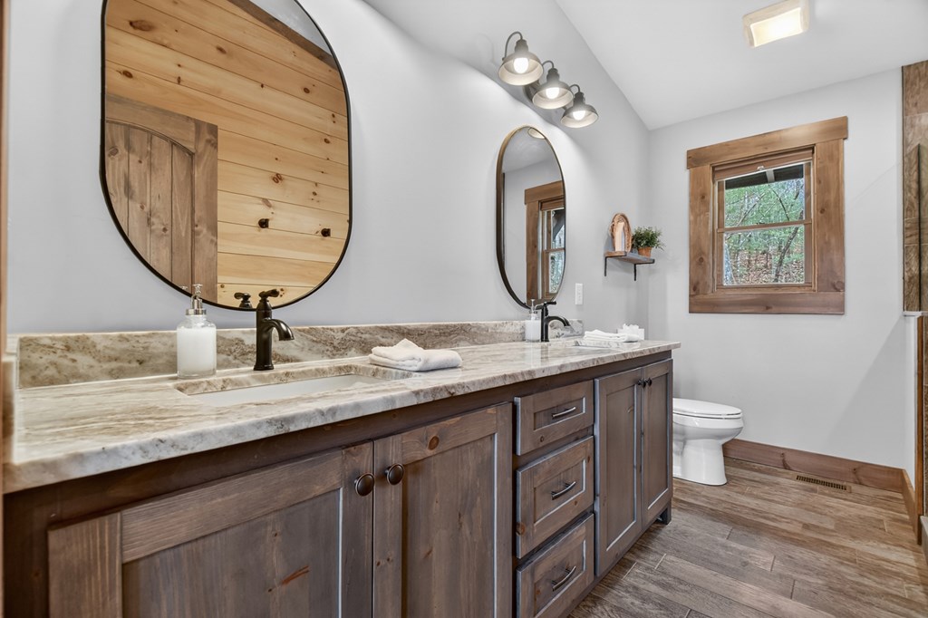 171 Cohutta Overlook Trail Blue Ridge, GA 30513 - Photo 19 of 47 a bathroom with a granite countertop double vanity sinks and a mirror