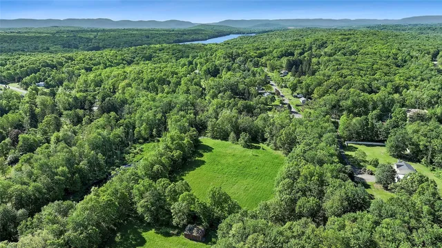 an aerial view of residential house with outdoor space and trees all around