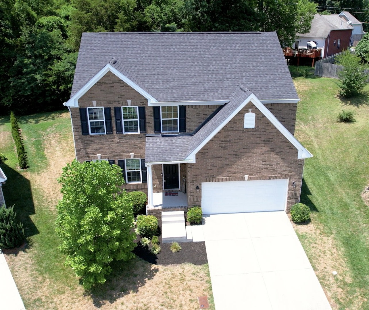 a aerial view of a house with a yard plants and large tree