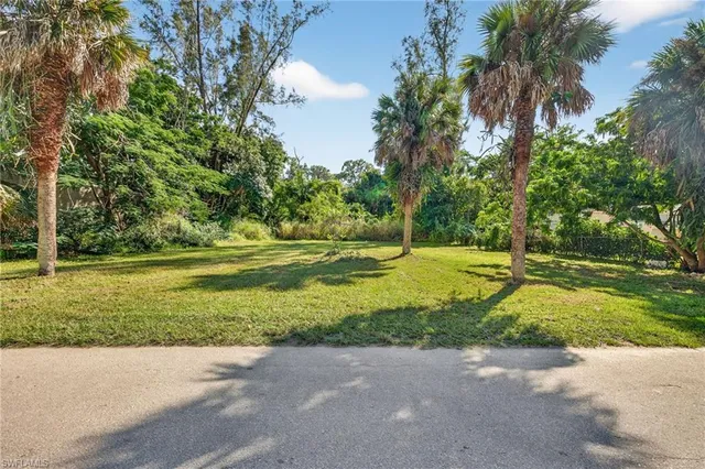 a view of a house with a big yard and palm trees