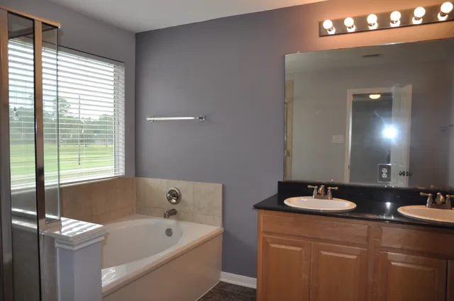 a bathroom with a double vanity sink and a bathtub