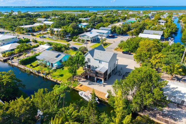an aerial view of residential houses with outdoor space and swimming pool