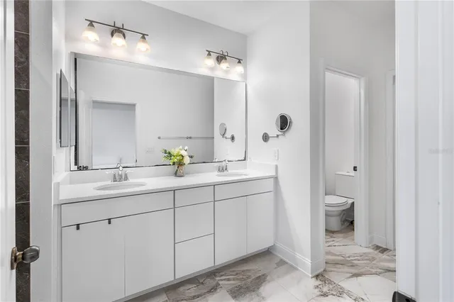 a bathroom with a double vanity sink toilet and a mirror