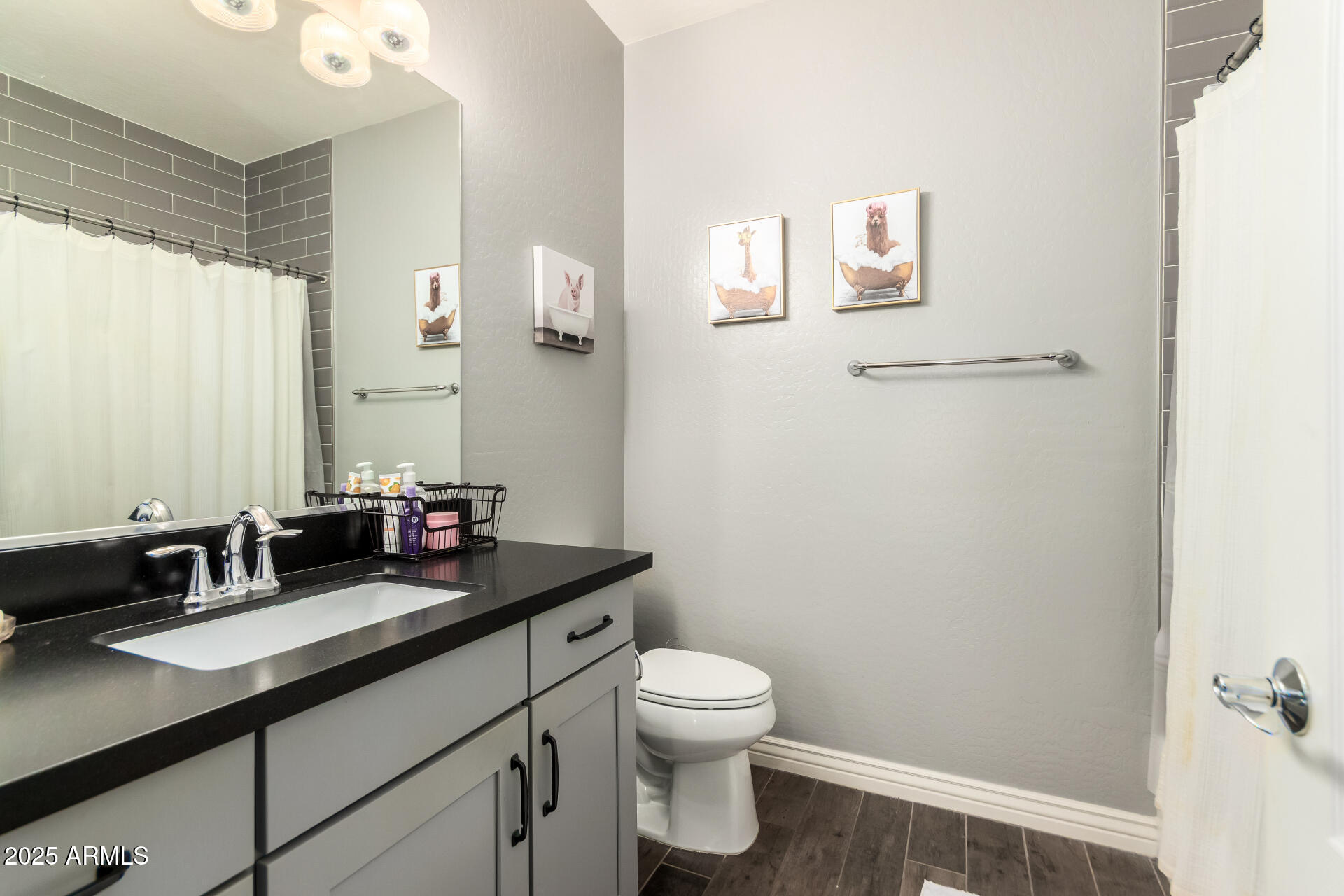2425 West Bronco Butte Trail, Unit 2028 Phoenix, AZ 85085 - Photo 34 of 46 a bathroom with a granite countertop sink toilet a large mirror and a shower