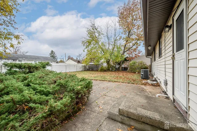 a view of a yard with plants and a fountain