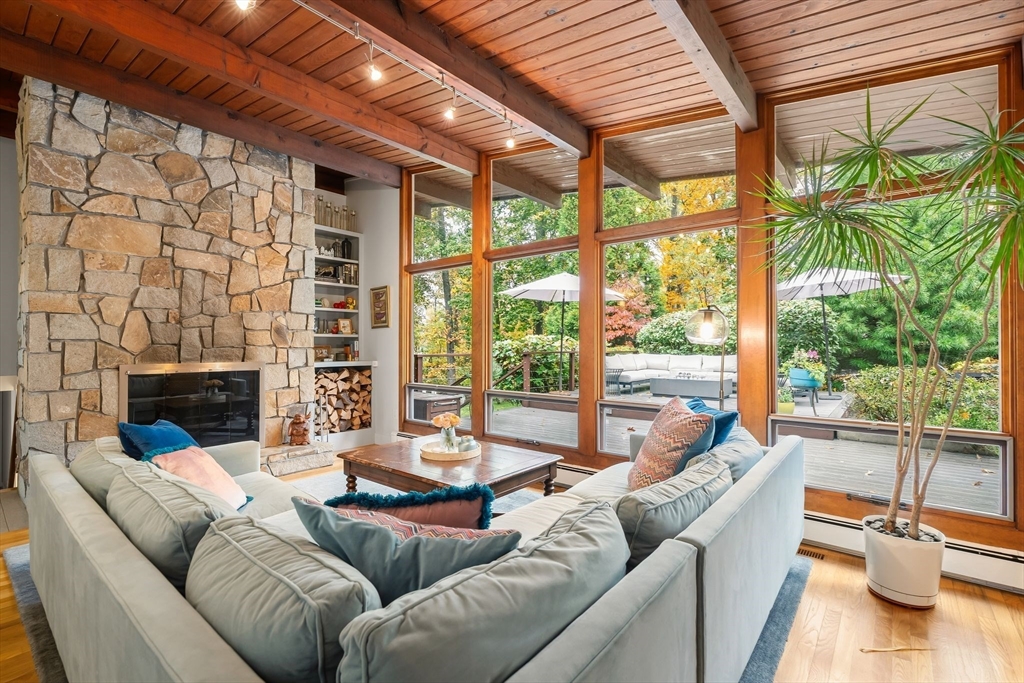 25 Rockwood Road Hingham, MA 02043 - Photo 8 of 32 a living room with fireplace furniture and a floor to ceiling window