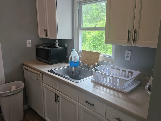 a kitchen with a sink a stove and cabinets