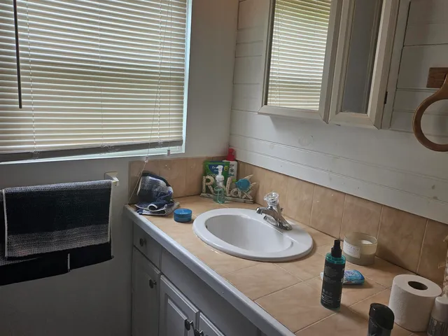 a bathroom with a sink and a washing machine