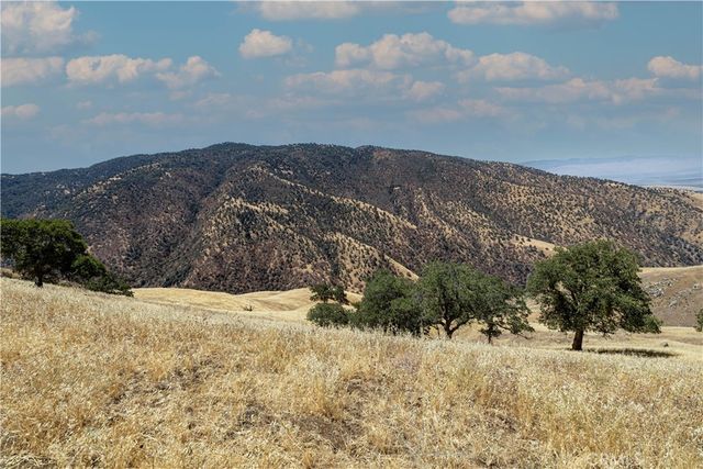 a view of a dry yard with mountains in the background