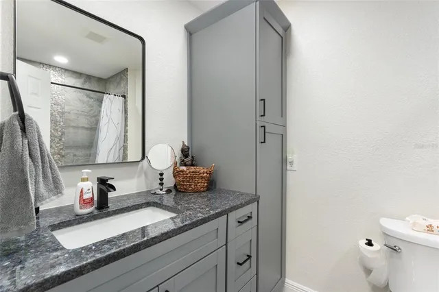 a bathroom with a granite countertop sink and a mirror