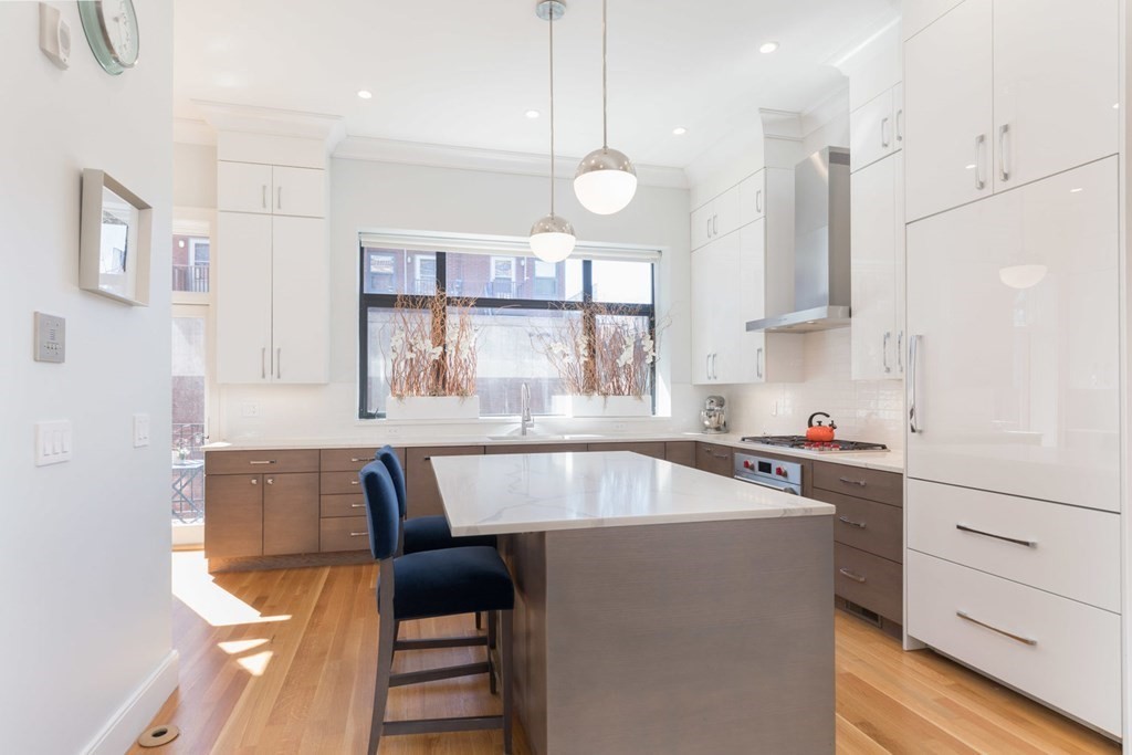 44 Upton Street, Unit 1 Boston, MA 02118 - Photo 10 of 35 a large kitchen with cabinets a sink a window and stainless steel appliances