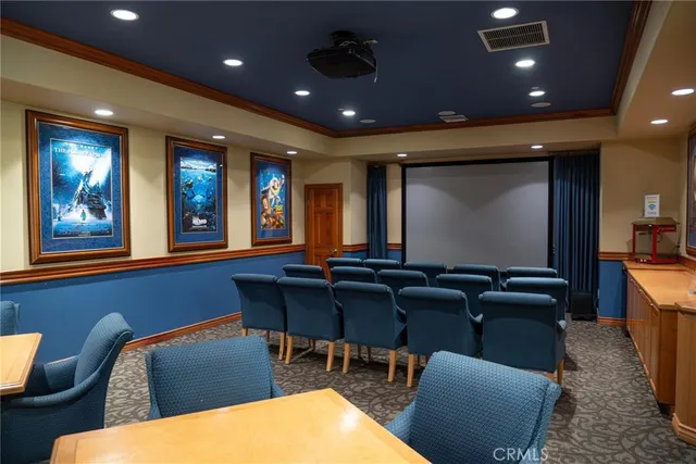 a media room with lots of chairs and a projector screen