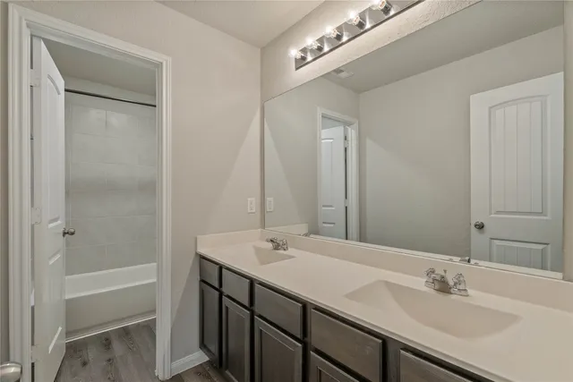 a bathroom with a sink double vanity and a mirror