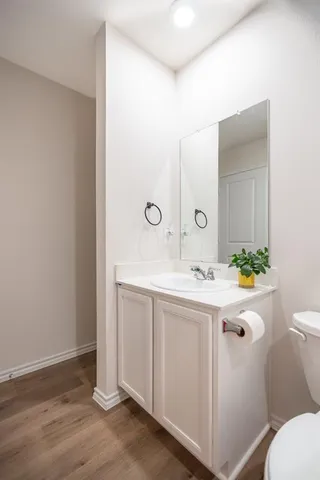 a bathroom with a sink and mirror with toilet