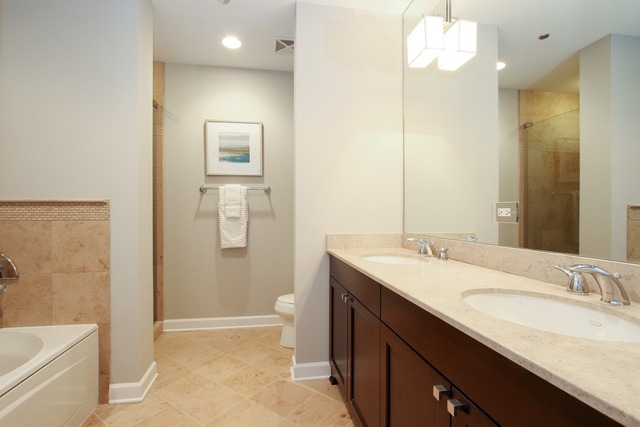 1211 South Prairie Avenue, Unit 5202 Chicago, IL 60605 - Photo 11 of 22 a bathroom with a granite countertop sink mirror and a bathtub