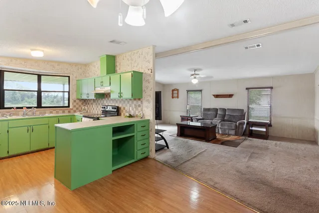 a living room with furniture rug and window