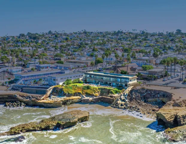 a view of a lake with a city