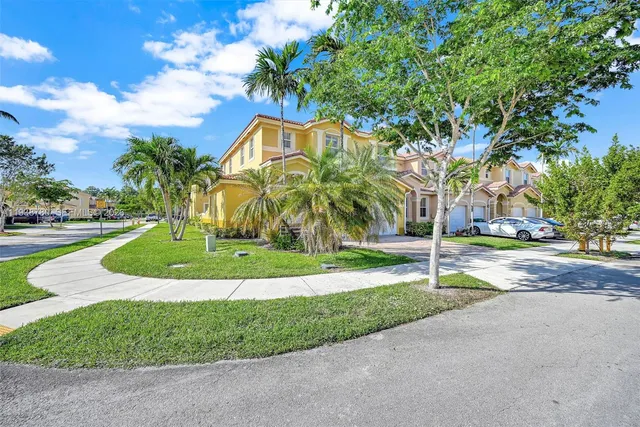 a view of a park with large trees