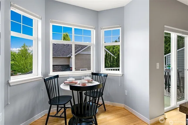 a view of a dining room with furniture window and outside view