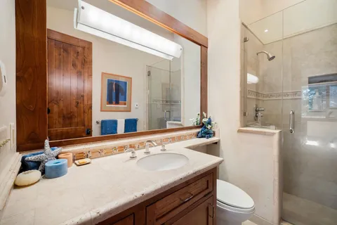 a bathroom with a sink toilet and shower