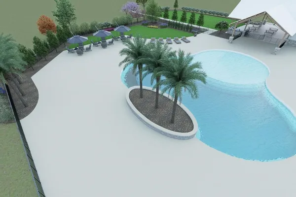 a view of a swimming pool with sitting area