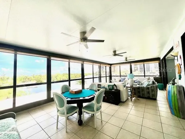a very nice looking living room with a large window and a dining table with garden view