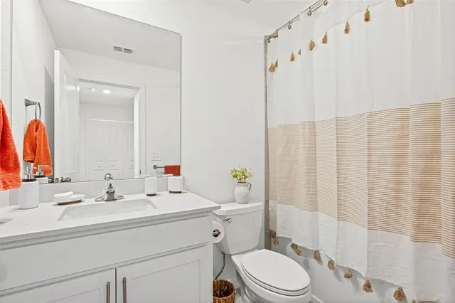 a bathroom with a sink a toilet and shower curtain