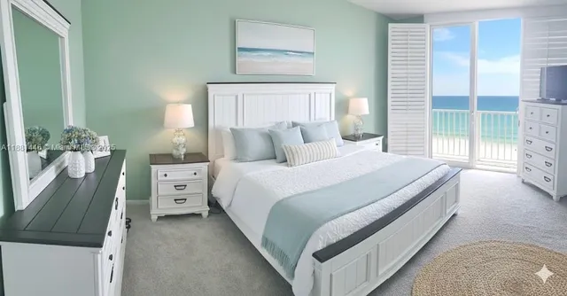 a bedroom with a bed and large windows