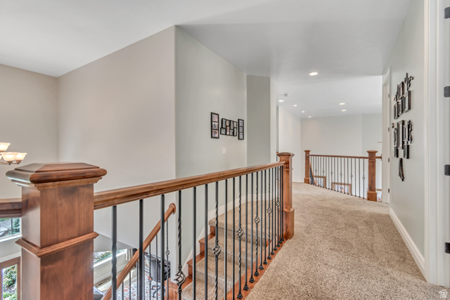 2543 East 700 South Springville, UT 84663 - Photo 38 of 73 Hallway with carpet floors, an upstairs landing, and recessed lighting