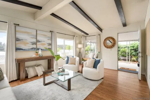 a living room with furniture a fireplace and a floor to ceiling window