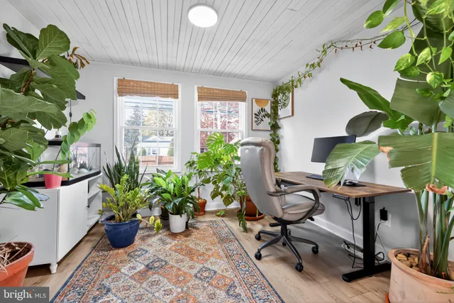 a work room with furniture and a potted plant