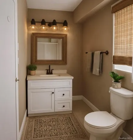 a bathroom with a toilet sink and mirror