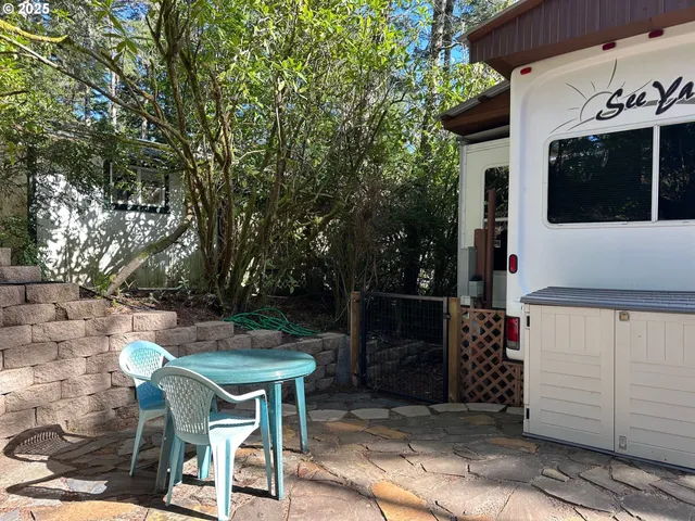 a backyard of a house with table and chairs