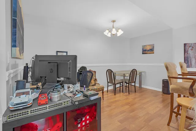 a view of a dining room with furniture
