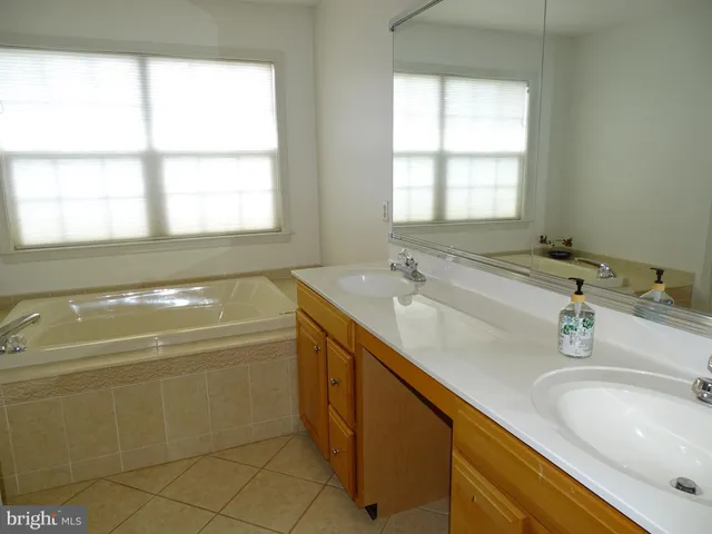 a bathroom with a tub sink and mirror