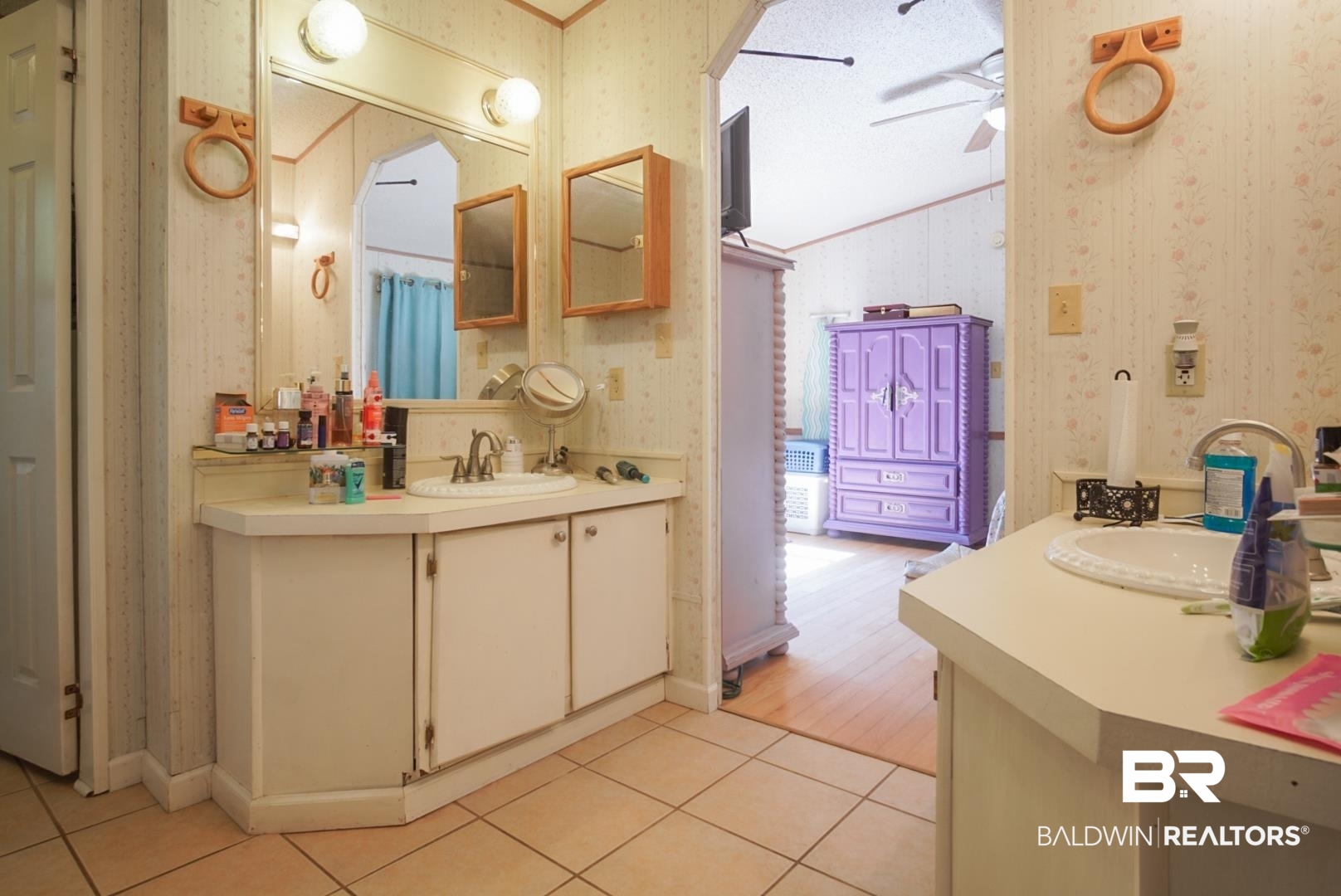 9190 County Road 97 Elberta, AL 36530 - Photo 34 of 53 Bathroom featuring vanity, tile patterned floors, lofted ceiling, and ceiling fan