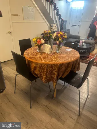 a view of a dining room with furniture