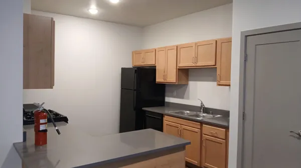 a kitchen with a refrigerator and a stove top oven