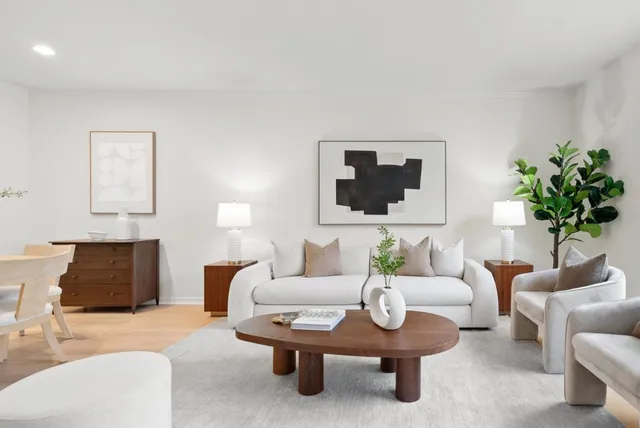 a living room with furniture and a potted plant