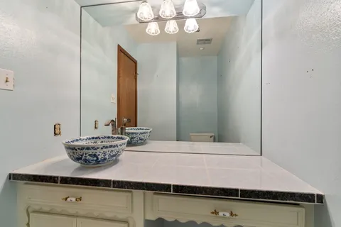 a bathroom with a sink and a mirror