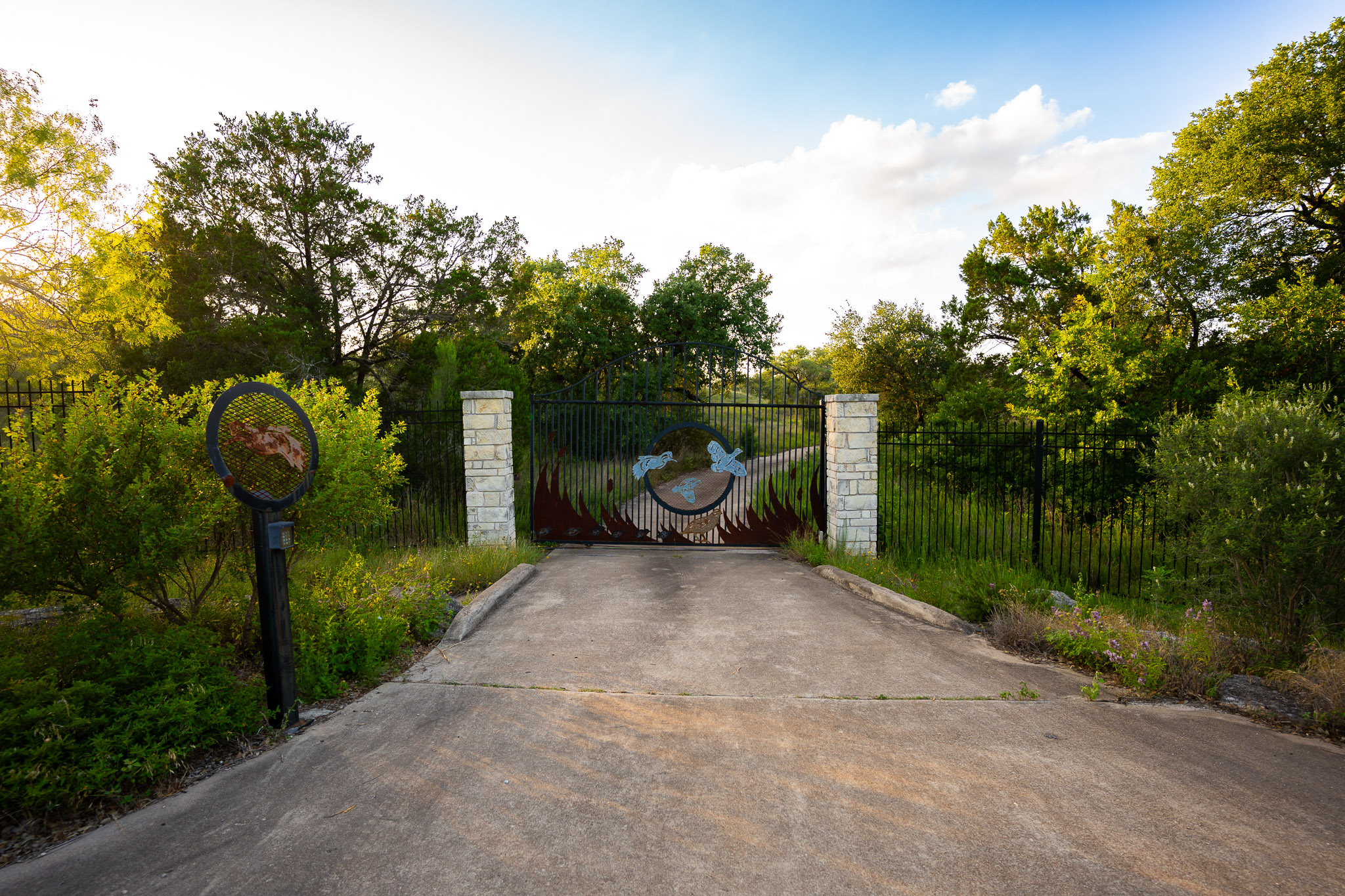13800 Lone Rider Trail Austin, TX 78738 - Photo 31 of 32 Secure entry to a private drive, framed by custom metalwork and natural landscaping.