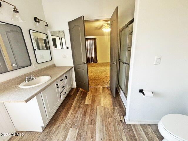 1595 Bourdon Ranch Road Show Low, AZ 85901 - Photo 30 of 41 a bathroom with sink a mirror a toilet and a wooden floor