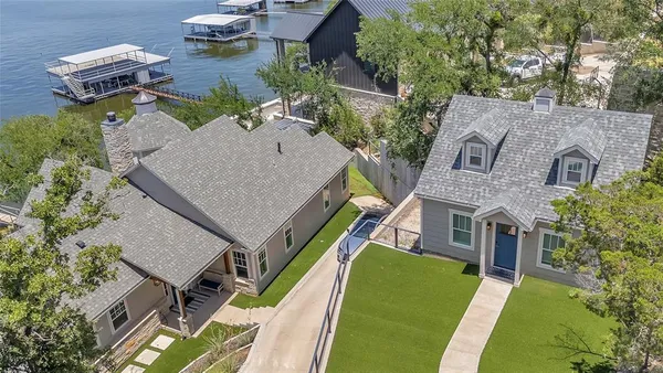 an aerial view of a house with a garden