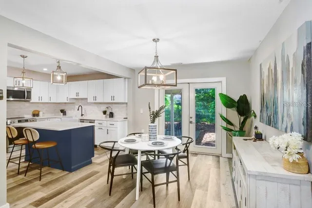 a view of a dining room with furniture window and outside view