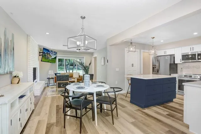 a view of a dining room with furniture window and outside view
