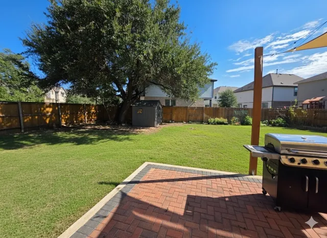 a view of a yard with a large tree