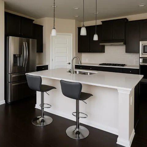 a kitchen with stainless steel appliances a refrigerator a stove a sink and chairs with wooden floor