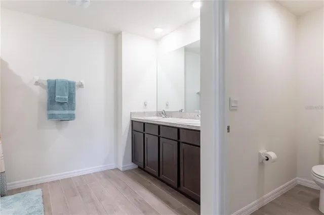 a bathroom with a sink vanity and a toilet
