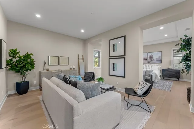 a living room with furniture potted plant and a window