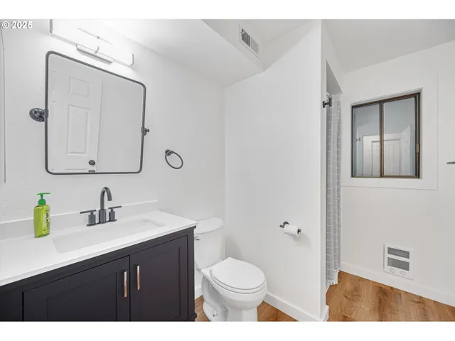 a bathroom with a sink vanity mirror and toilet